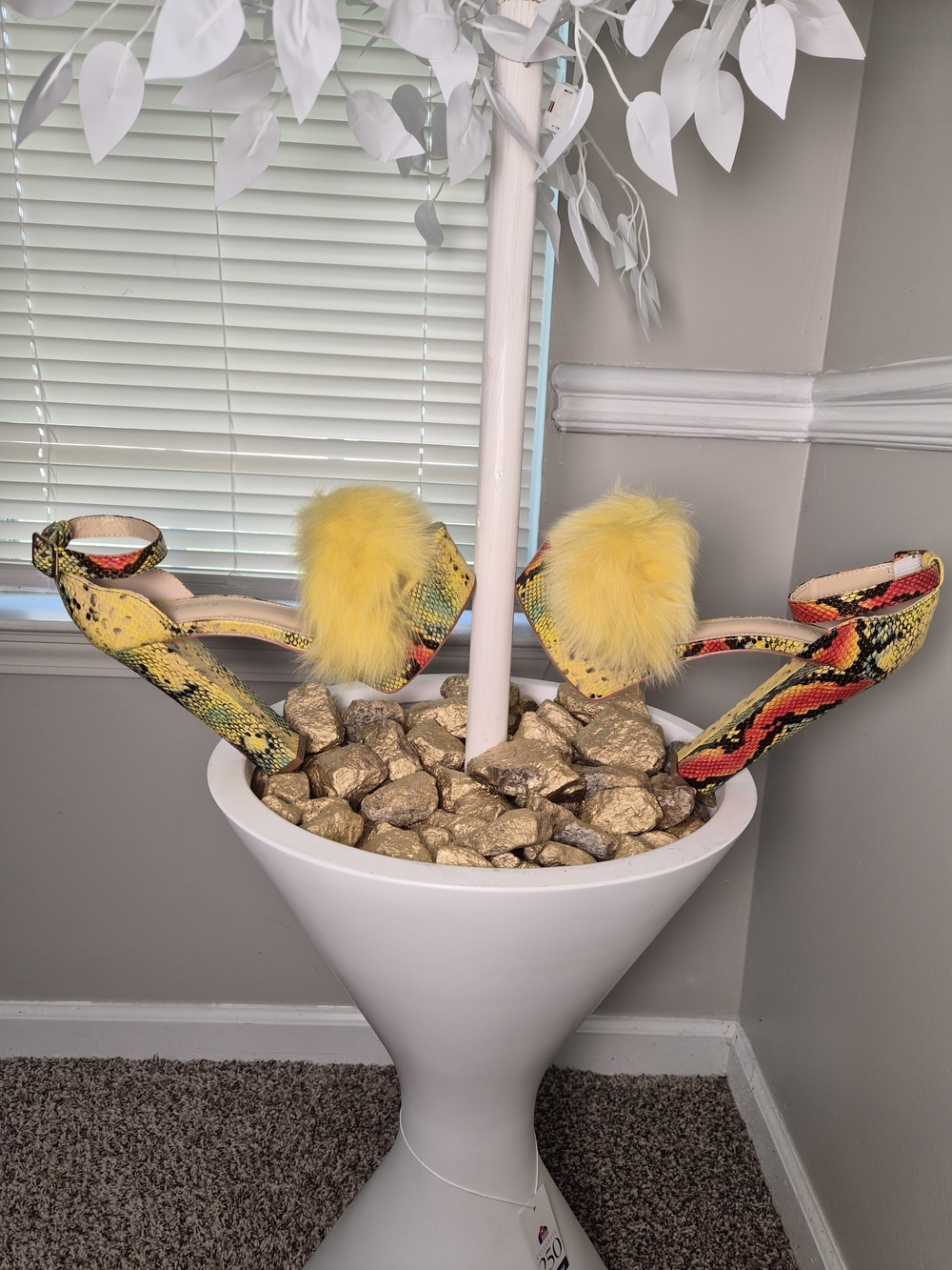 Yellow Snake-Print Platform Heels with Yellow Fur Pom - Picture 3 of 6